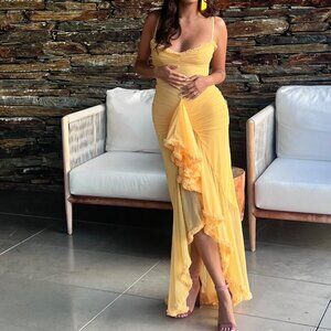 House of CB- Gabbi Ruffle Mesh Cocktail Dress in Yellow, S